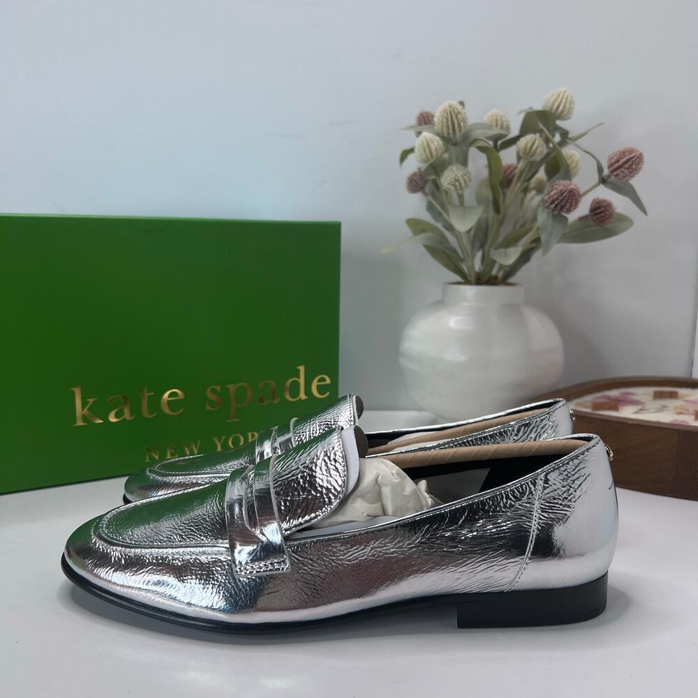Kate Spade Genevieve Crinkle Metallic Leather Loafer Silver Women 7.5 Light wear